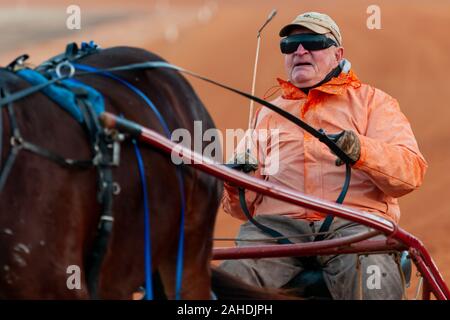 Pinehurst, North Carolina, USA. 28 Dez, 2019. Dez. 28, 2019 - Pinehurst, N.C., USA - GORDON COREY Übungen eines seiner Pferde im Winter Training an der Pinehurst Fahren & Training Club, Pinehurst Kabelbaum Track, Pinehurst, North Carolina. Corey, der Kabelstrang, der seit 1964, ist eine der vielen Kabelbaum Racers aus dem Nordosten der USA, die zu Pinehurst für das Wintertraining. Credit: Timothy L. Hale/ZUMA Draht/Alamy leben Nachrichten Stockfoto