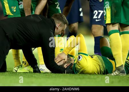 Norwich, UK. 28. Dezember 2019; Carrow Road, Norwich, Norfolk, England, Fußball der englischen Premier League, Norwich gegen Tottenham Hotspur; Mario Vrancic von Norwich City ist für eine Kopfverletzung behandelt - Streng redaktionelle Verwendung. Keine Verwendung mit nicht autorisierten Audio-, Video-, Daten-, Spielpläne, Verein/liga Logos oder "live" Dienstleistungen. On-line-in-Match mit 120 Bildern beschränkt, kein Video-Emulation. Keine Verwendung in Wetten, Spiele oder einzelne Verein/Liga/player Publikationen Quelle: Aktion Plus Sport Bilder/Alamy leben Nachrichten Stockfoto