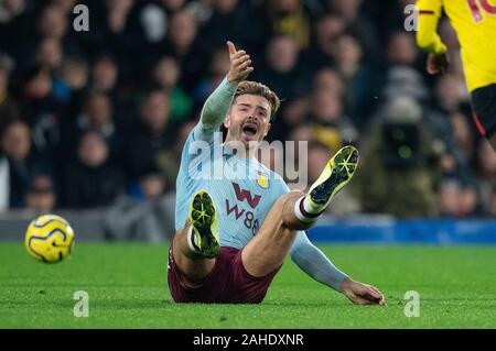 Watford, UK. 28 Dez, 2019. Jack Grealish von Aston Villa In der Premier League Match zwischen Watford und Aston Villa an der Vicarage Road, Watford, England am 28. Dezember 2019. Foto von Andy Rowland/PRiME Media Bilder. Credit: PRiME Media Images/Alamy leben Nachrichten Stockfoto