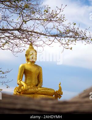 Goldene Statue eines sitzenden Buddha, durch zwei Naga Schlangen in Thailand flankiert. Stockfoto