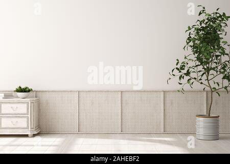 Home interior Hintergrund, Beige Zimmer mit Korbmöbeln, skandinavischen Stil, 3D-Rendering Stockfoto