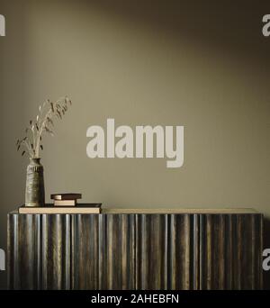 Wand-, Gestell mock up in dunklen minimalistischen Interieur close up, 3D-Rendering Stockfoto