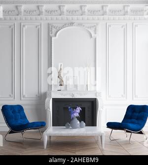 Luxus klassische Einrichtung mit dunklen blauen Sessel, Konzept Classic blau Farbe des Jahres 2020 im Innenraum, 3D-Rendering Stockfoto
