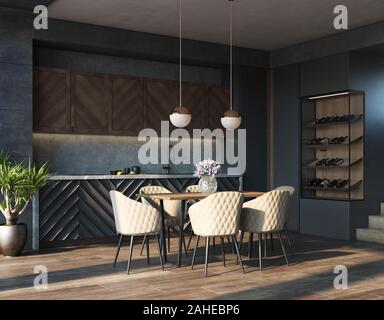 Küche im Innenbereich im Loft, Industrial Design, 3D-Rendering Stockfoto