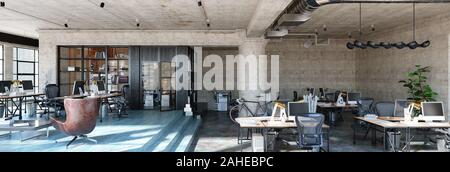Büro im Innenbereich im Loft, Industrial Design, 3D-Rendering Stockfoto
