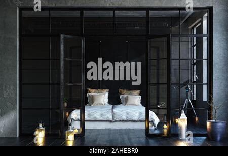 Schwarz Schlafzimmer im Loft, Industrial Design, 3D-Rendering Stockfoto