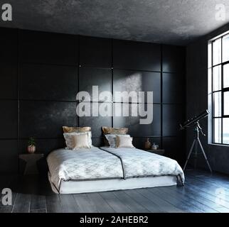 Schwarz Schlafzimmer im Loft, Industrial Design, 3D-Rendering Stockfoto