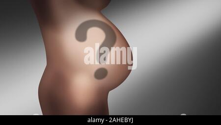 Schwangerschaft Fragen und zukünftige Mutter schwanger mit einer Entbindung Fragezeichen Schatten als Symbol für Geburtshelfer und Gynäkologen. Stockfoto