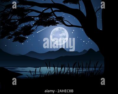 Großer Baum bei Nacht mit Vollmond Stock Vektor