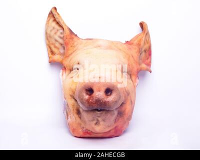 Gehacktes Schweinefleisch Kopf auf weißem Hintergrund. Schweinefleisch Konzept isoliert close-up Stockfoto