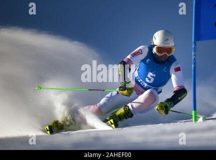 Peking, China. 28 Dez, 2019. Ein Kandidat während einer Ski alpin Wettbewerb der 14 chinesischen Nationalen Winterspiele im Norden Chinas Innere Mongolei Autonome Region, Dez. 28, 2019. Quelle: Ren Junchuan/Xinhua/Alamy leben Nachrichten Stockfoto