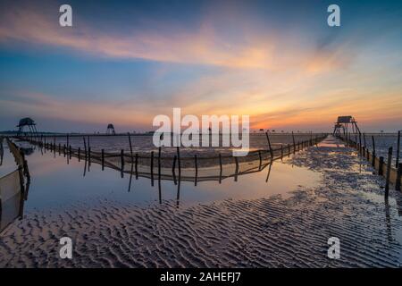 Morgen in der Dong Chau Strand, Tien hai District, Thai Binh Provinz, Dies ist eines der größten Clam Bauernhof von Vietnam für den Inlandsmarkt und Viet exportieren Stockfoto