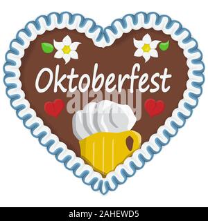 Illustrierte Lebkuchenherz mit Text in Deutsch für Oktoberfest Zeit 2019 2020 Stock Vektor