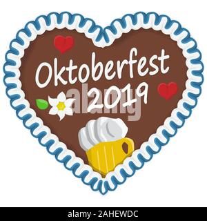 Illustrierte Lebkuchenherz mit Text in deutscher Sprache für das Oktoberfest 2019 Zeit Stock Vektor