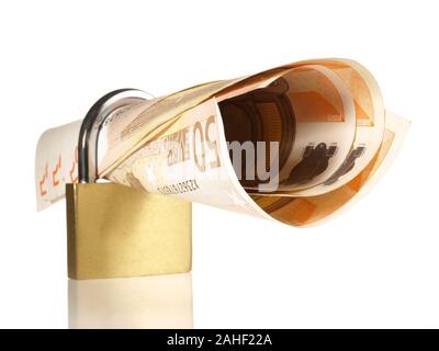 Geld-Metall Lock auf weißem Hintergrund Stockfoto