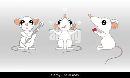Satz 3 Cartoon weiße Mäuse. 2020 Symbol Stock Vektor