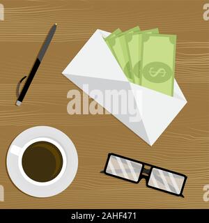 Tag der Lohn der Ansicht von oben. Bargeld in envelove auf hölzernen Tisch mit anderen Zubehör. Vector Illustration. Gehaltszahlung, Finanzen Gehaltsscheck, Gewinn Zahltag Stock Vektor