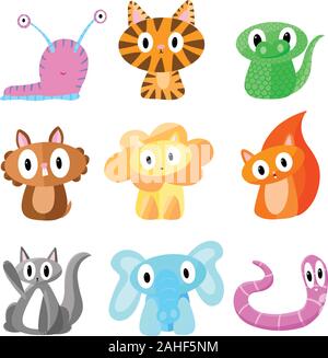 Eine Sammlung von Cute Vector Cartoon Tiere Eichhörnchen Wurm Cat Elephant Lion Tiger Krokodil Slug Abbildungen Stock Vektor