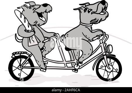 Zwei fröhliche Hunde auf einem Tandem Fahrrad mit einem Baguette. Postkarte mit Happy Terrier. Stock Vektor