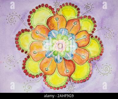 Happy flower Mandala. Die Tupfen Technik in der Nähe der Kanten gibt einen Weichzeichner Effekt aufgrund der veränderten Rauigkeit der Oberfläche des Papiers. Stockfoto