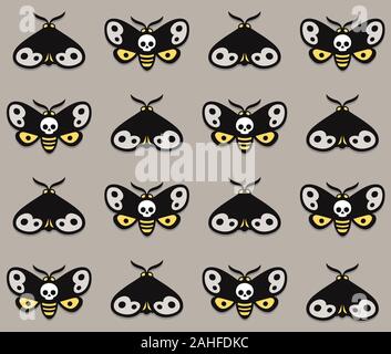 Die Death Head Moth nahtlose Muster. Cartoon nacht Schmetterling mit Schädel Form auf den Flügeln. Vector Hintergrund Kunst Illustration. Stock Vektor