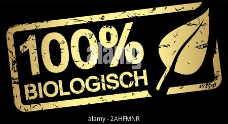 Gold grunge Stempel mit Rahmen, großes Blatt und Text 100% biologische (in deutscher Sprache) Stock Vektor