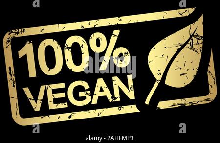 Gold grunge Stempel mit Rahmen, großes Blatt und Text 100% vegan Stock Vektor