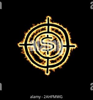 Gelb brennenden Flammen Effekt auf Ziel- und Dollar Symbol Umriss vor einem schwarzen Hintergrund Stockfoto