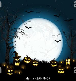 Spooky Halloween toter Baum mit unheimlichen Kürbisse vor einem Vollmond mit Fledermäusen Stock Vektor