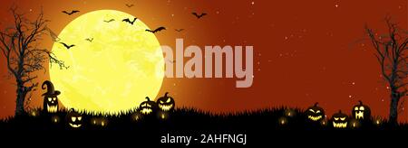 Spooky Halloween toter Baum mit unheimlichen Kürbisse vor einem Vollmond mit Fledermäusen Stock Vektor
