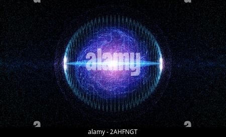 Energiereiche Partikel des Informationsflusses innerhalb einer Kugel, Antigravity, Magnetfeld, Kernfusion und Gravitationswellen Konzept Stockfoto