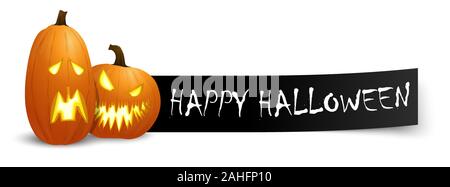 Happy Halloween Grüße Text auf schwarzen Banner mit zwei spooky orange Kürbisse für Halloween Oktober Zeit Stock Vektor
