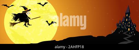 Banner mit einer Hexe und einem dunklen Schloss vor Vollmond mit unheimlichen illustrierte Elemente für Halloween Hintergrund Layouts Stock Vektor