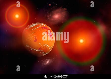 Ein Exoplanet in der Umlaufbahn um ein Doppelsternsystem Stockfoto