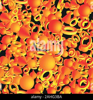 Abstrakte goldene Ringe Kugeln, Kegel, 3D-Illustration nahtlose Muster auf schwarzem Hintergrund Stock Vektor