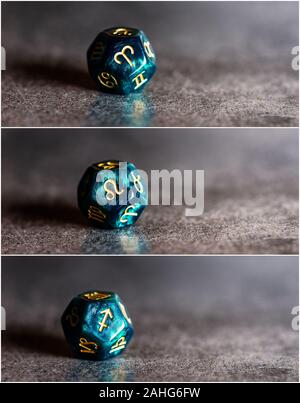 Collage Foto von astro Würfel mit Feuer Zeichen der Tierkreiszeichen Widder, Löwe, Schütze. Astrologie Konzept Stockfoto