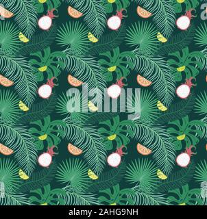 Verschiedene tropische Blätter und Früchte, Sommer themed pattern Design. Stock Vektor