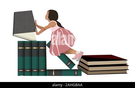 Ein junges Mädchen wird auf einem Stapel Bücher klettern gesehen, in einer Illustration über das frühe Lernen der Schüler und das Erforschen von Informationen Stockfoto