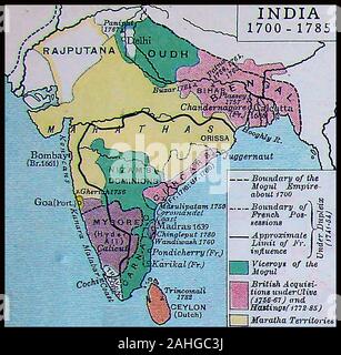 Eine 1922 Karte Indien im 18. Jahrhundert, darunter die ehemaligen Mogul Empire und den britischen und französischen Besitzungen Stockfoto