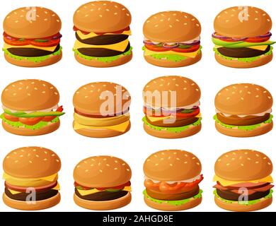 Vector Illustration der verschiedenen Burger auf weißem Hintergrund Stock Vektor