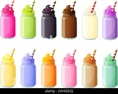Vector Illustration der verschiedenen Hipster trend Smoothies, Milchshakes und Getränke in Mason Gläser auf weißem Hintergrund Stock Vektor