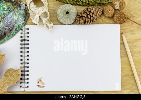 Blick von oben auf die leeren Notebook auf hölzernen Schreibtisch durch natürliche Elemente Blätter, Samen, Muscheln und Bleistift umgeben, grüne Umwelt eco-konzept mit Platz kopieren Stockfoto
