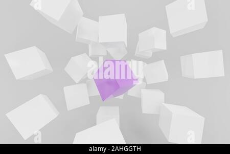 Weiß und Violett flying Cubes und Kartons, vor weißem Hintergrund abstract 3 render Abbildung Stockfoto