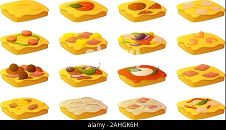 Vector Illustration der verschiedenen Arten von Pizza mit verschiedenen Toppings Stock Vektor