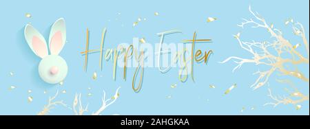 Ostern banner Hintergrund Vorlage mit schönen bunten Frühling Kaninchen. Vector Illustration. Ostern Hintergrund mit realistischen Objekte, goldenen Metall Stock Vektor