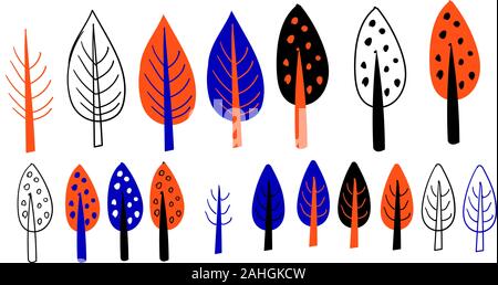 Viele Designelemente auf weißem Hintergrund. Cartoon Bäume. Farbige Buchsen auf einem weißen Hintergrund. Stock Vektor