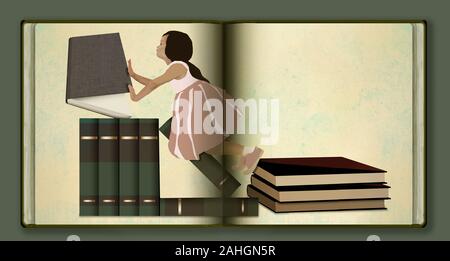 Ein junges Mädchen klettert auf übergroßen Bücher, als wäre es ein Spielplatz, als sie entdeckt, dass die Welt der Bücher. Das Bild wird auf die Seiten eines anderen Buches. Text, Stockfoto