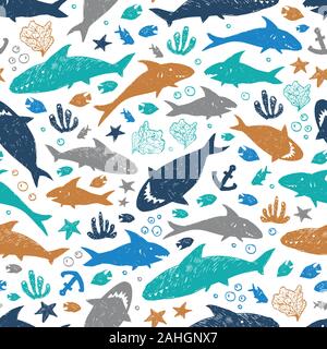 Vektor weiss bunt süß Shark pen Skizze Muster wiederholen. Perfekt für Gewebe, scrapbooking und Wallpaper Projekte. Stock Vektor