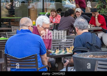 Männer spielen Schach im Harvard Square in Cambridge, MA Stockfoto