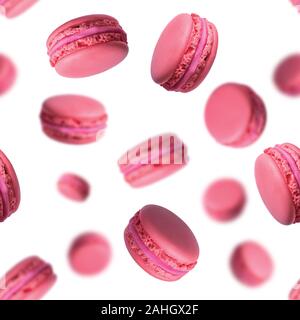 Nahtlose Muster mit fallender Rosa französische Makronen Kuchen auf weißem Hintergrund. Flying Dessert Stockfoto